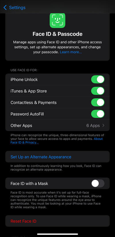 face id settings