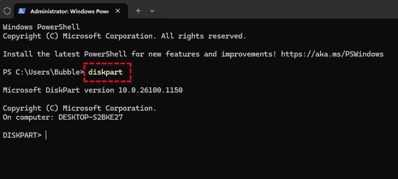 Launching DiskPart disk management tool via CMD