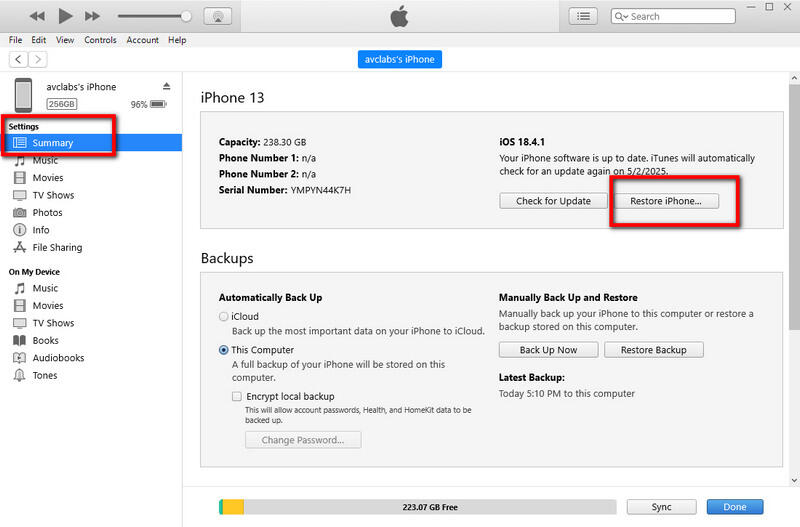 turn off screen time on iphone by itunes