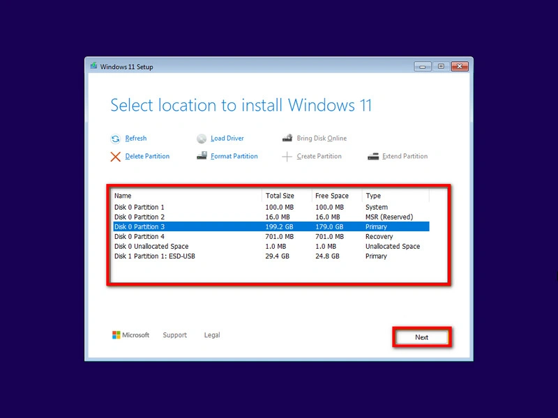 select partition to install windows