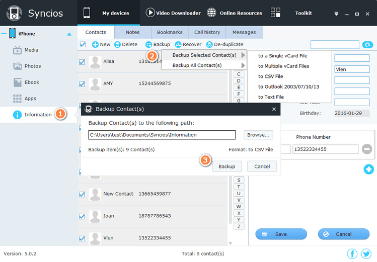 Syncios iPhone Contacts Transfer