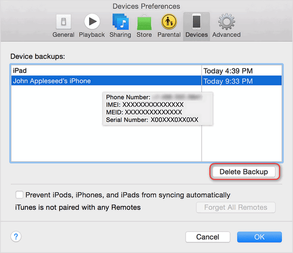 delete iTunes Backup