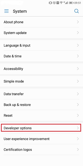 Developer Option on Huawei Nova 2S