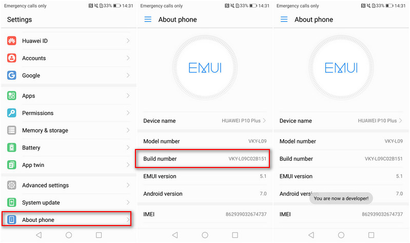 Enable Developer Option on Huawei P10 