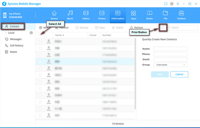 Print contacts with Syncios