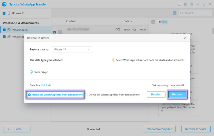 Restore WhatsApp data to iPhone 13 from local backup