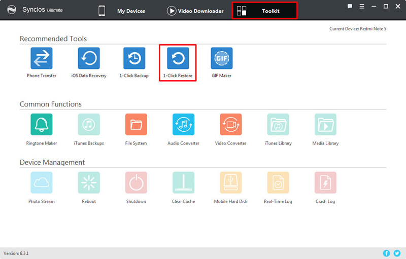 syncios 6.3.1 version 1-click restore redmi note 5