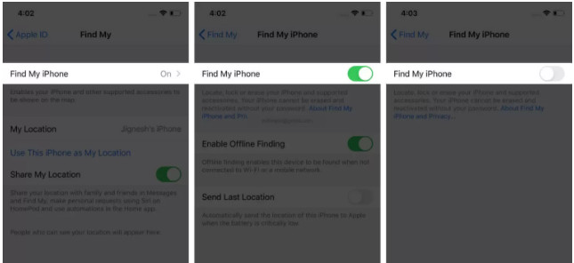 toggle off Find My iPhone