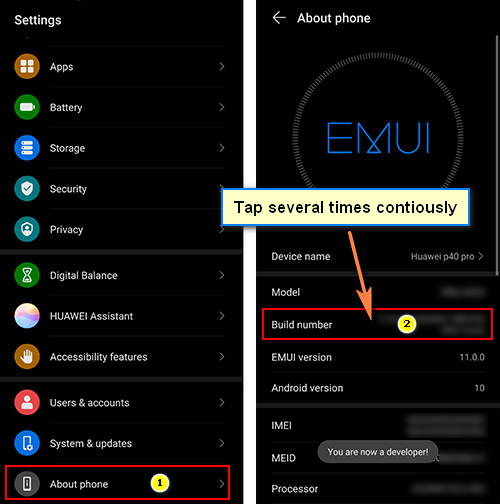 enable debugging mode on Huawei P40/P40 Pro