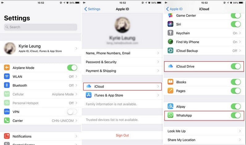 whatsapp icloud settings