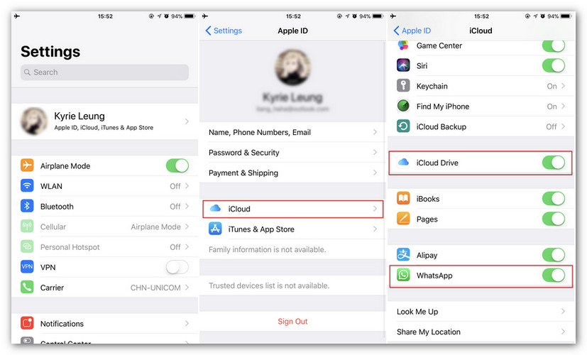 whatsapp icloud settings