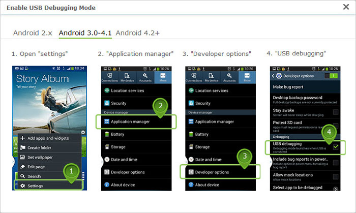 enable usb debugging on android 3.0 to 4.1