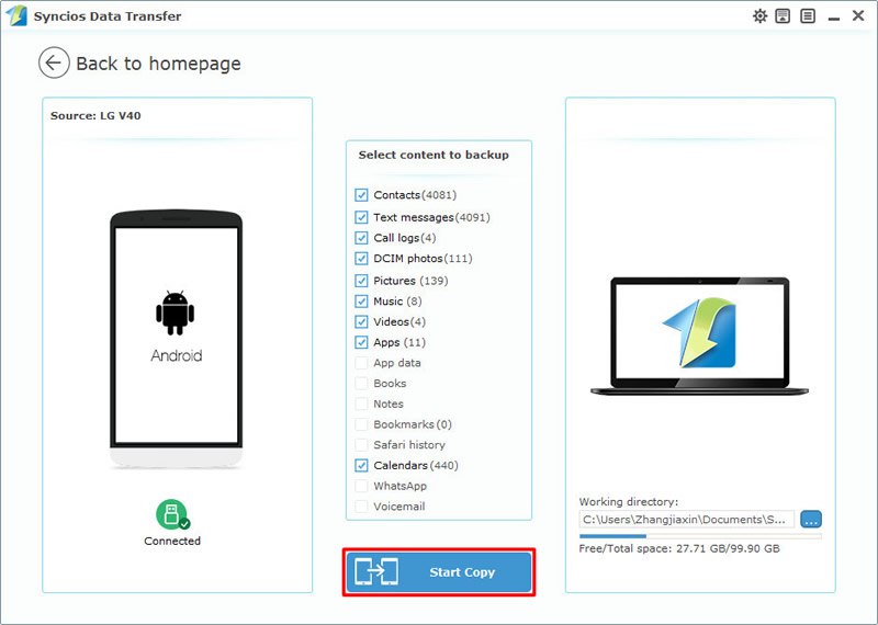 backup lg v40 data by syncios data transfer step 2