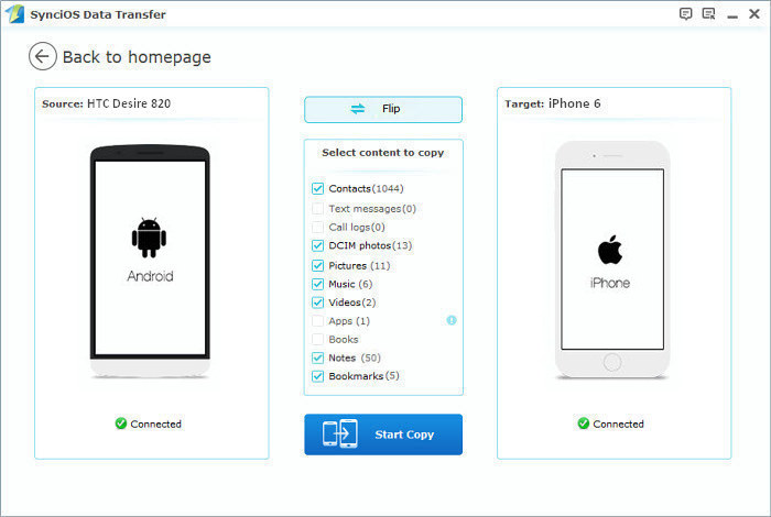 Select items to transfer to iPhone