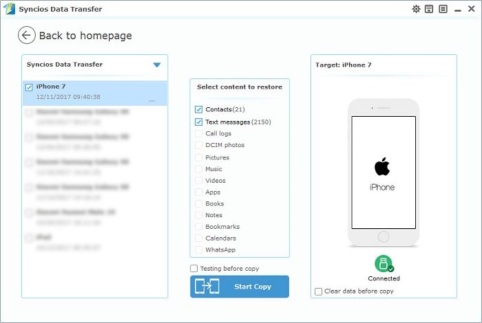restore iphone 7 contacts and SMS from computer with one-click