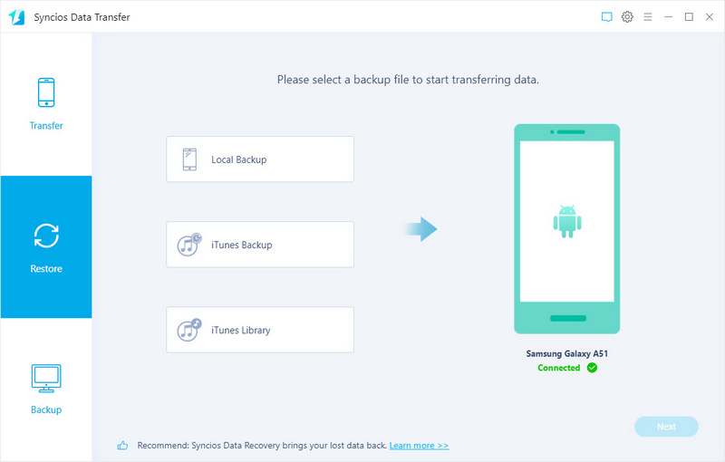 restore backup to Samsung Galaxy A51