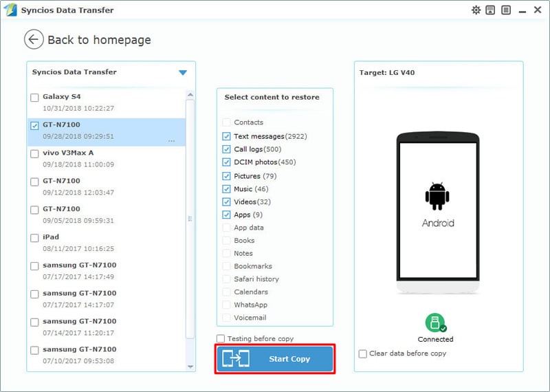 restore lg v40 data by syncios data transfer