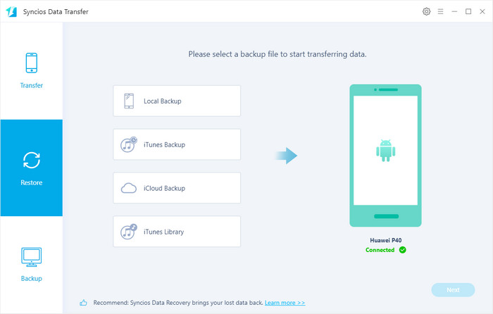 select resotre Syncios backup to Huawei P40