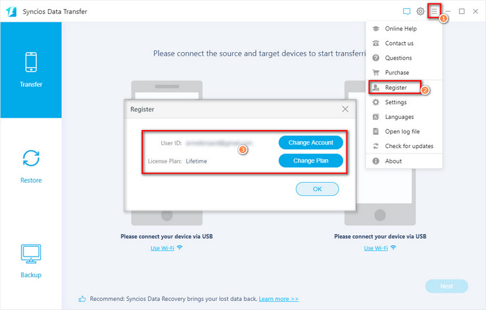 syncios data transfer register window