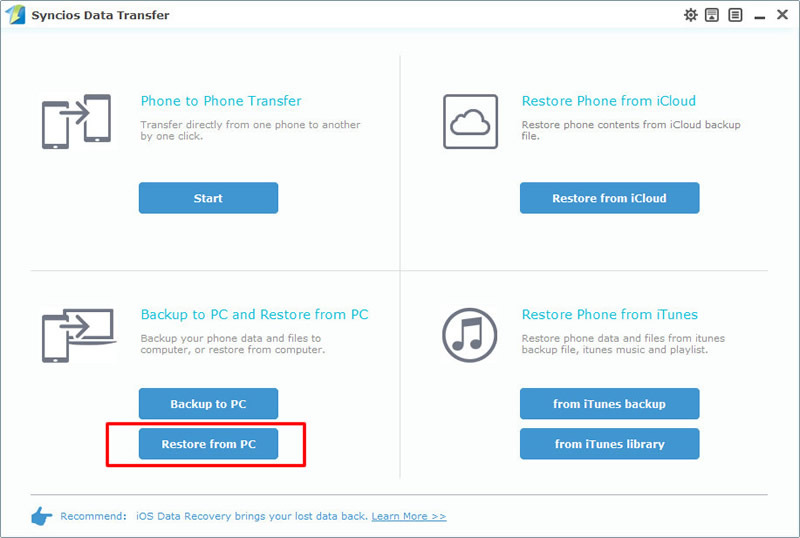 syncios data transfer restore from pc selected