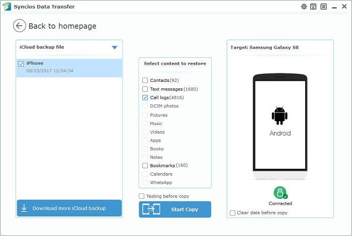 transfer call-history from iPhone to Samsung Galaxy s8 with iCloud backup