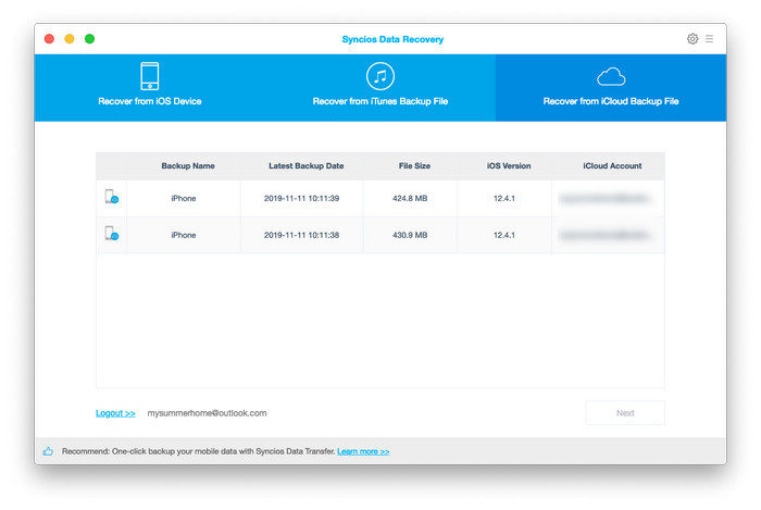 choose iCloud backup file