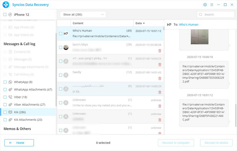 select iPhone 12 Ki and Viber messages to recover