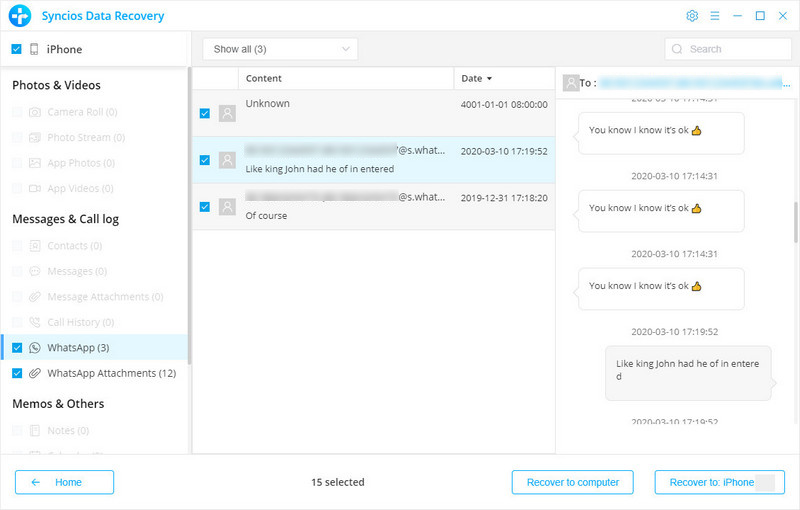 select iPhone WhatsApp messages to recover