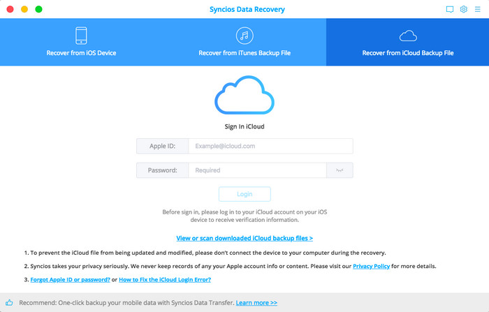 sign in to recover from iCloud backup file