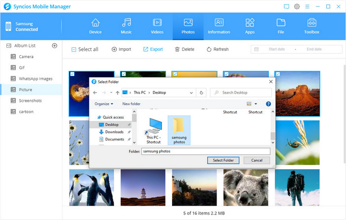 export Samsung photos to computer selectively