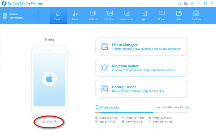 interface of Syncios Mobile Manager