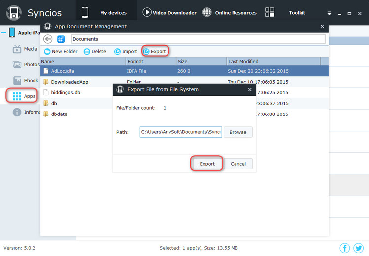 Syncios app's documents management