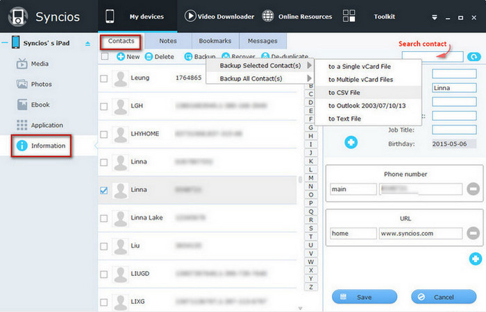 Backup Information via Syncios